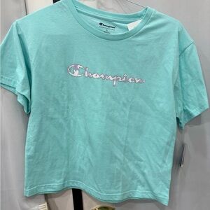 Champion Kids Short Sleeve Tee in Aqua Blue with Lavender Logo